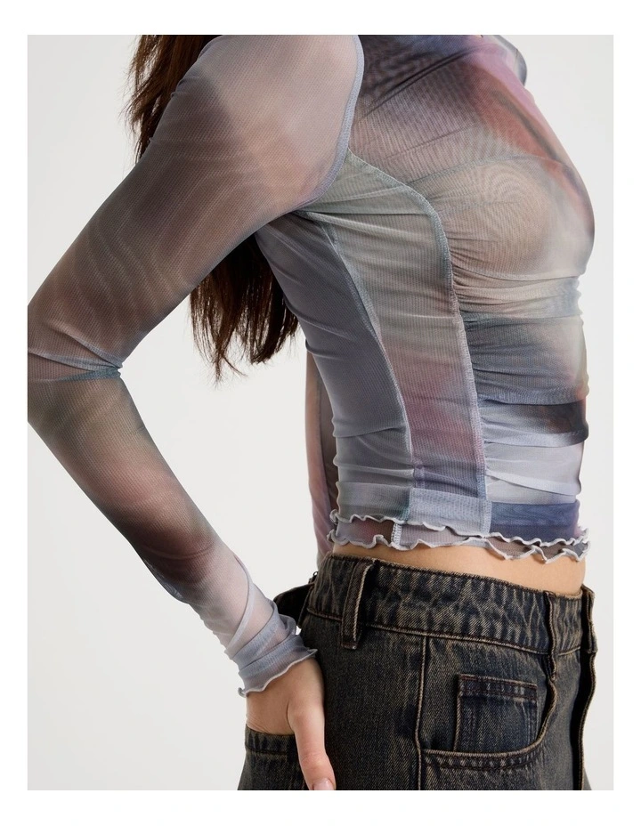 Long Sleeve Mesh Top in Check Print image 7