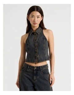Collared Denim Vest in Indigo Overdyed Brown