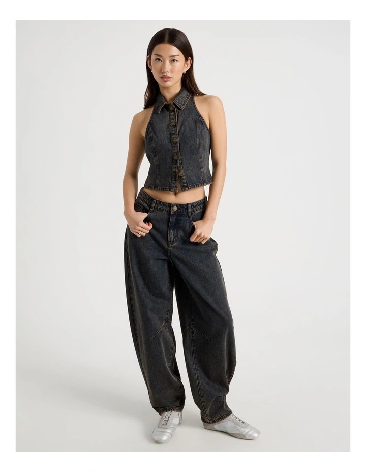 Collared Denim Vest in Indigo Overdyed Brown image 2