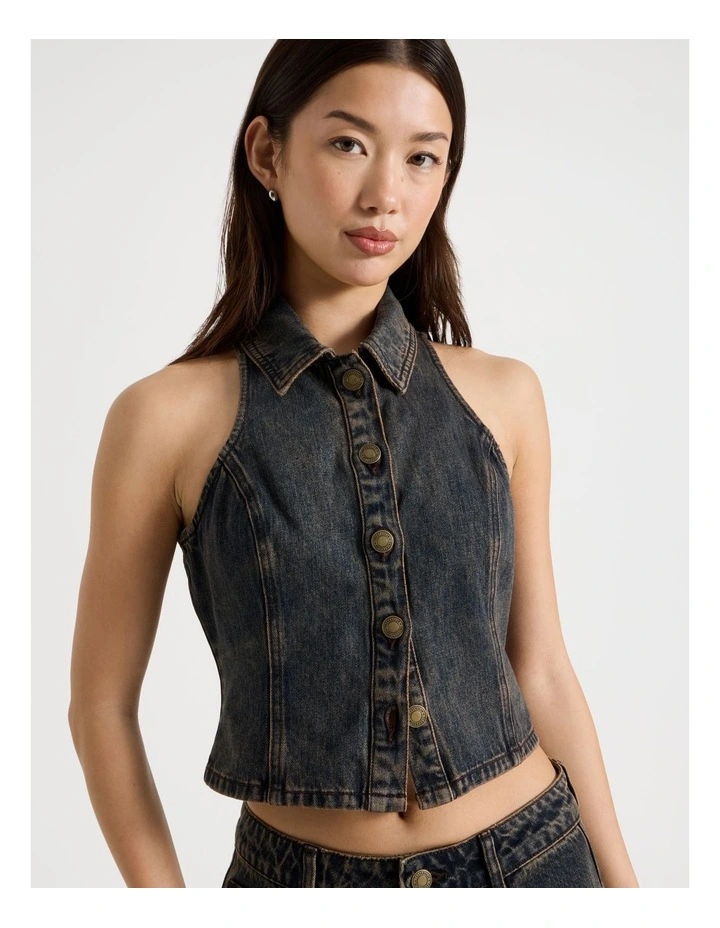 Collared Denim Vest in Indigo Overdyed Brown image 3