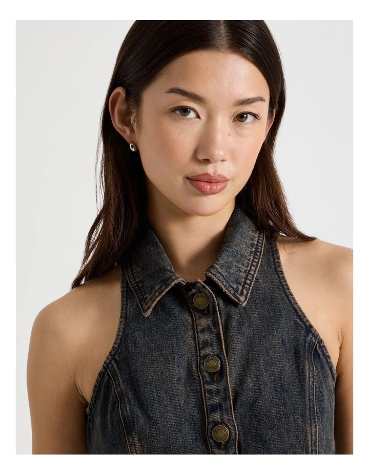 Collared Denim Vest in Indigo Overdyed Brown image 5