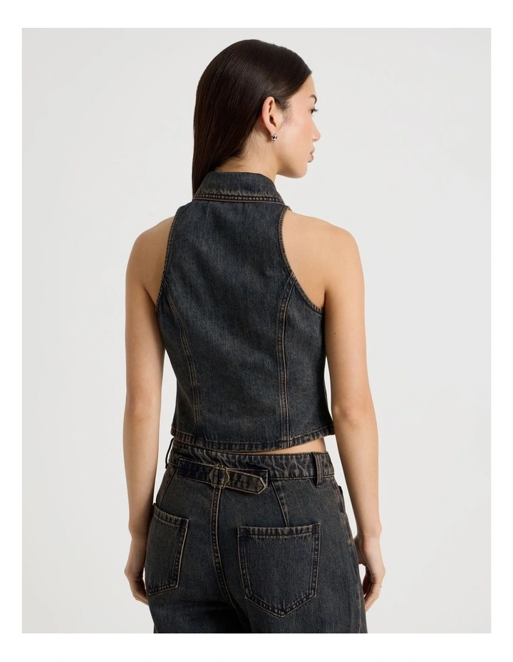 Collared Denim Vest in Indigo Overdyed Brown image 6
