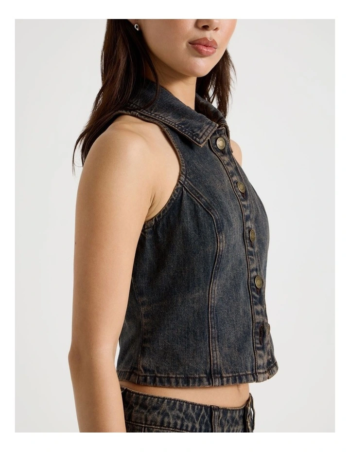 Collared Denim Vest in Indigo Overdyed Brown image 7