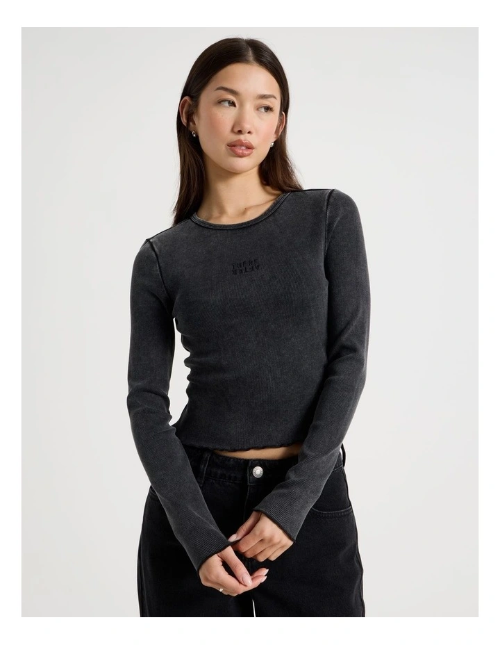 Washed Long Sleeve Rib Tee in Jet Black image 2