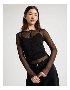 Long Sleeve Mesh Button Through in Black