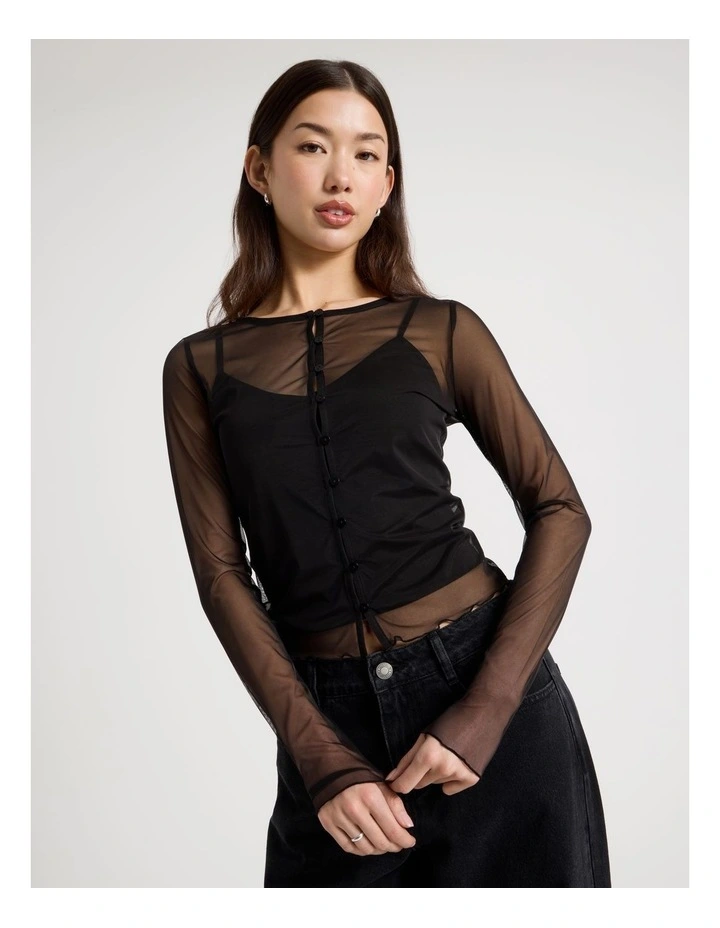 Long Sleeve Mesh Button Through in Black image 1