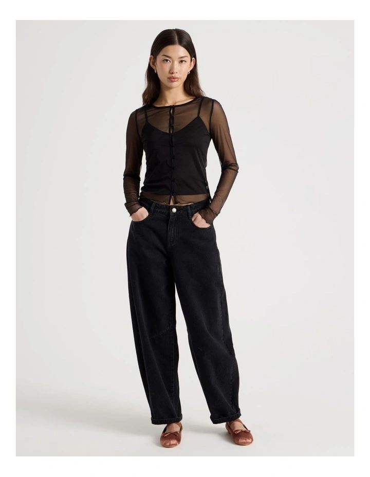 Long Sleeve Mesh Button Through in Black image 2