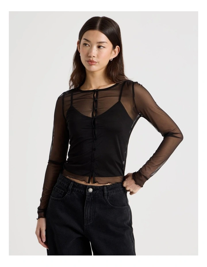 Long Sleeve Mesh Button Through in Black image 3