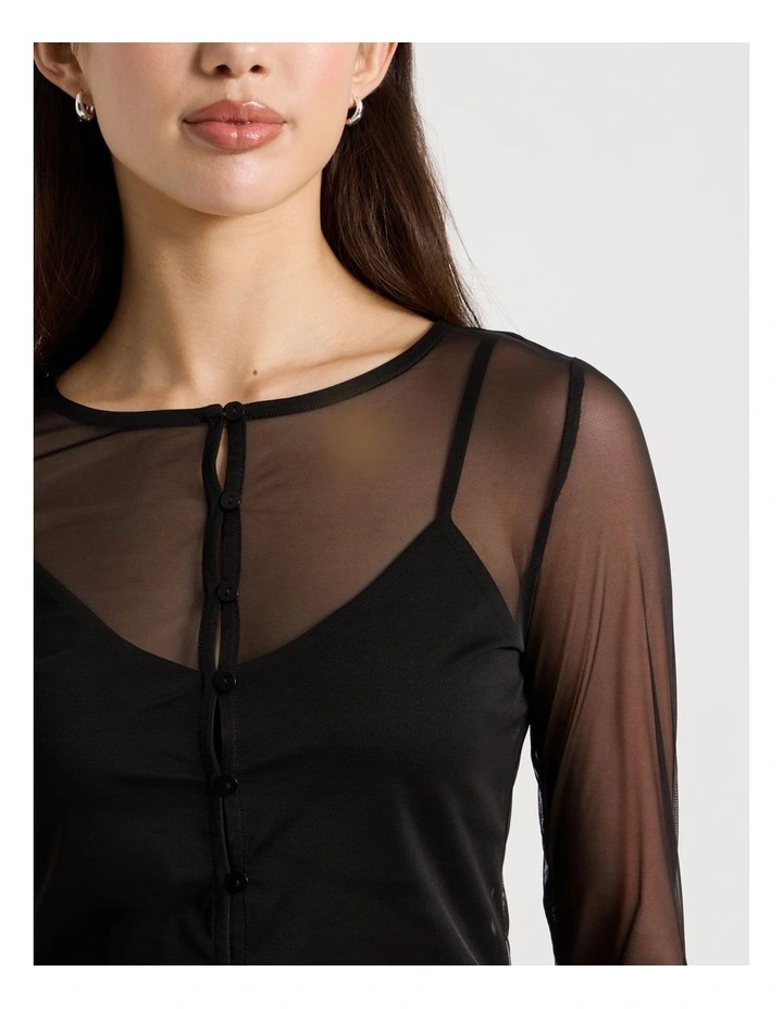 Long Sleeve Mesh Button Through in Black image 4