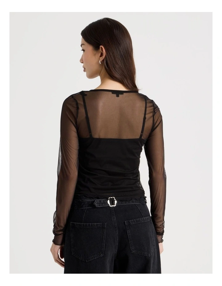 Long Sleeve Mesh Button Through in Black image 5