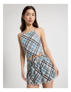 Mesh Singlet Top in Blue and Chocolate Check