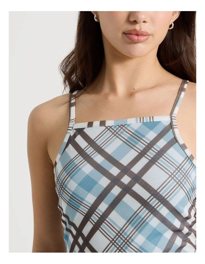 Mesh Singlet Top in Blue and Chocolate Check image 3