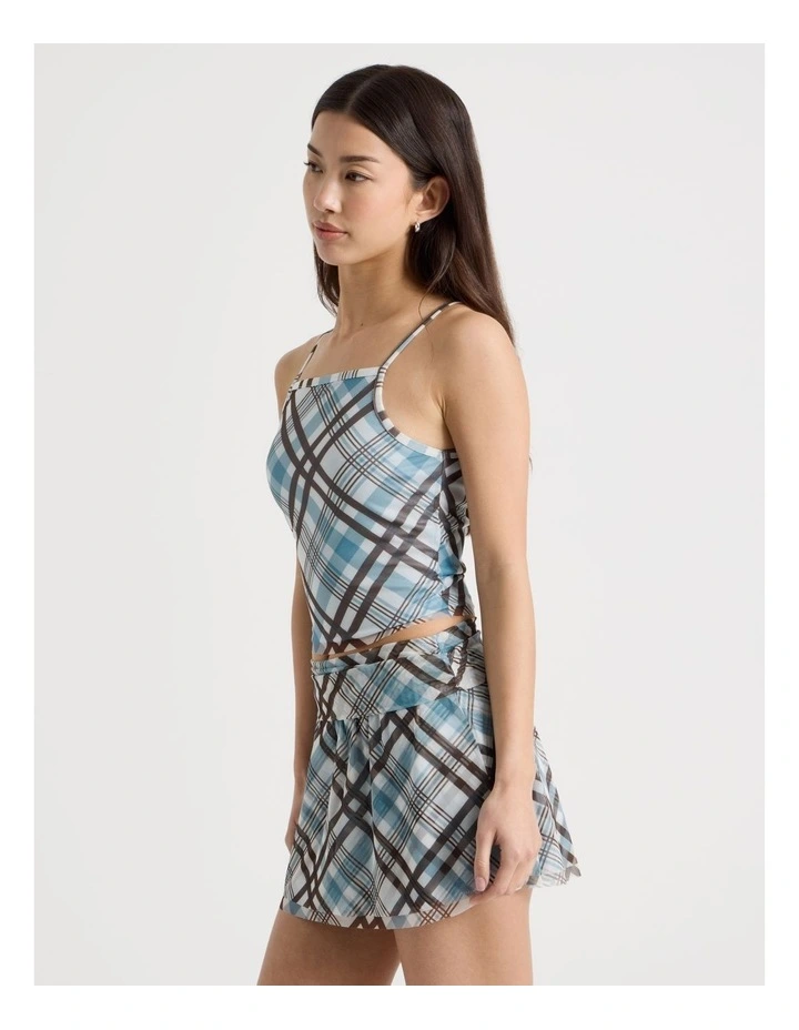 Mesh Singlet Top in Blue and Chocolate Check image 4