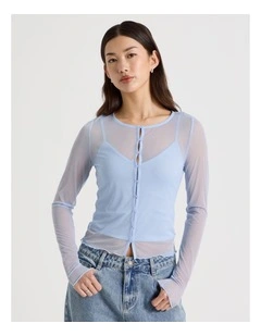 Long Sleeve Mesh Button Through in Blue