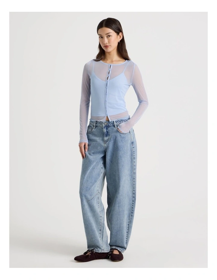 Long Sleeve Mesh Button Through in Blue image 2