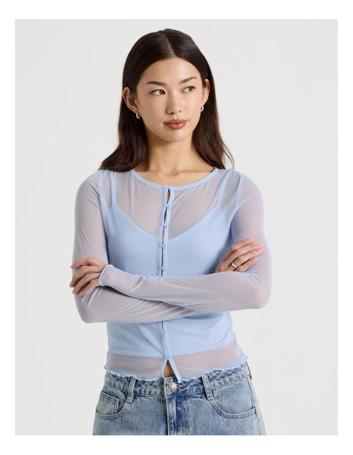 Long Sleeve Mesh Button Through in Blue image 3