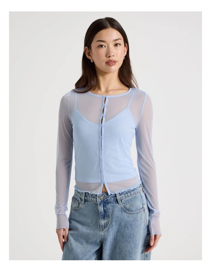 Long Sleeve Mesh Button Through in Blue image 4