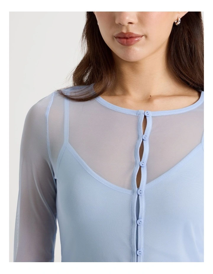 Long Sleeve Mesh Button Through in Blue image 5