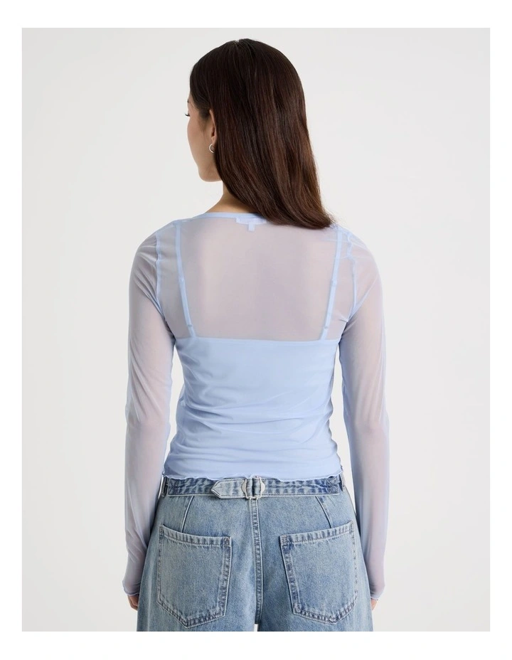 Long Sleeve Mesh Button Through in Blue image 6