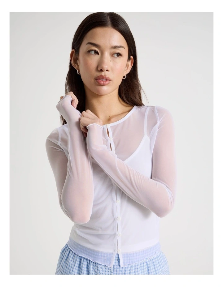 Long Sleeve Mesh Button Through in Snow White image 2