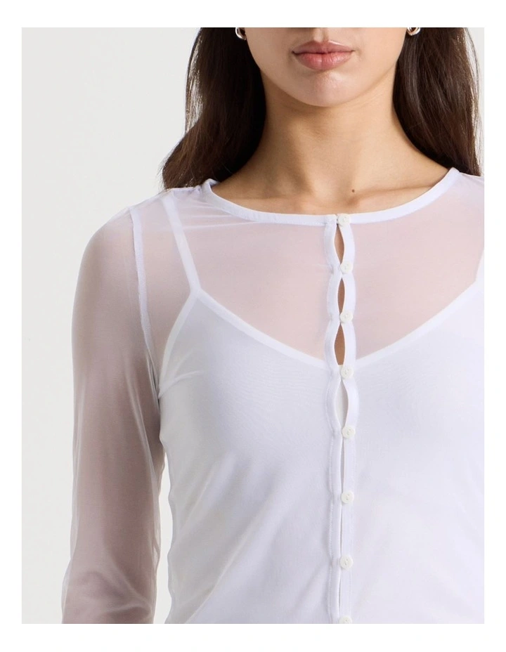 Long Sleeve Mesh Button Through in Snow White image 3