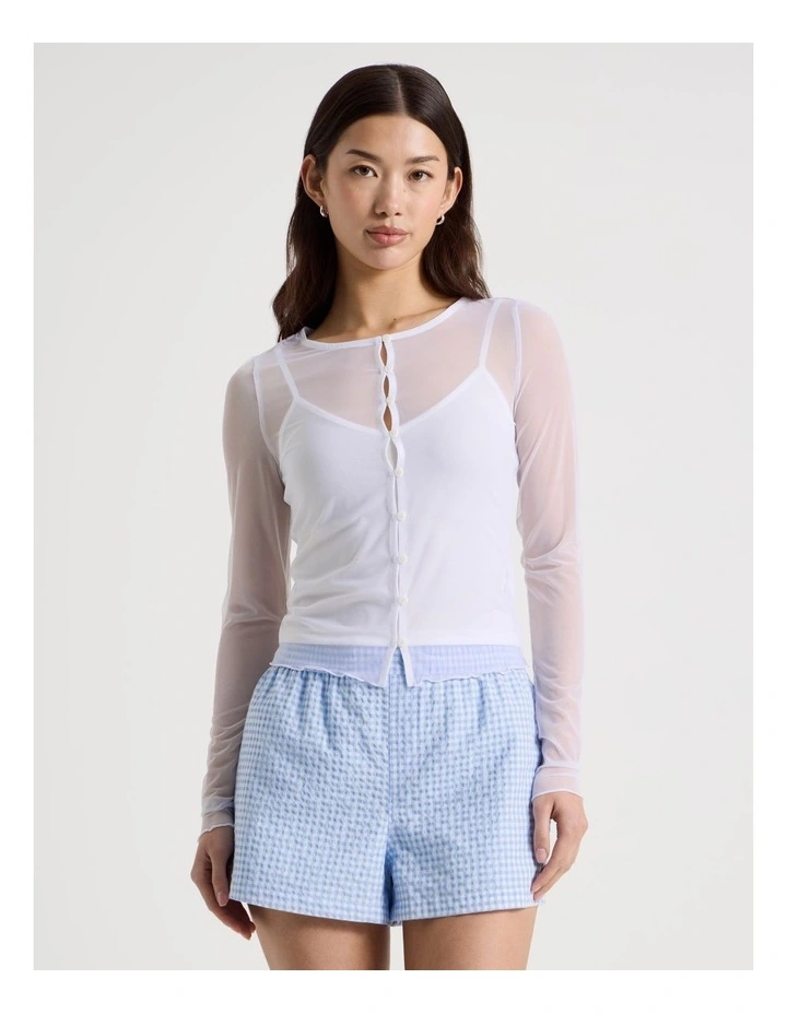 Long Sleeve Mesh Button Through in Snow White image 4