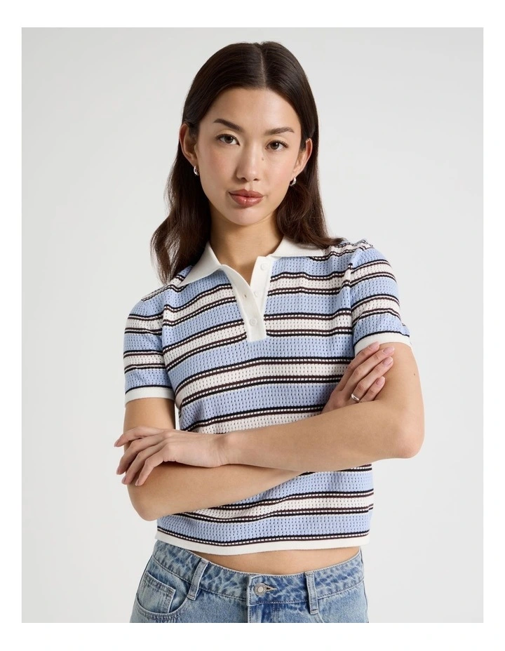 Knitted Polo in Blue Stripe image 1