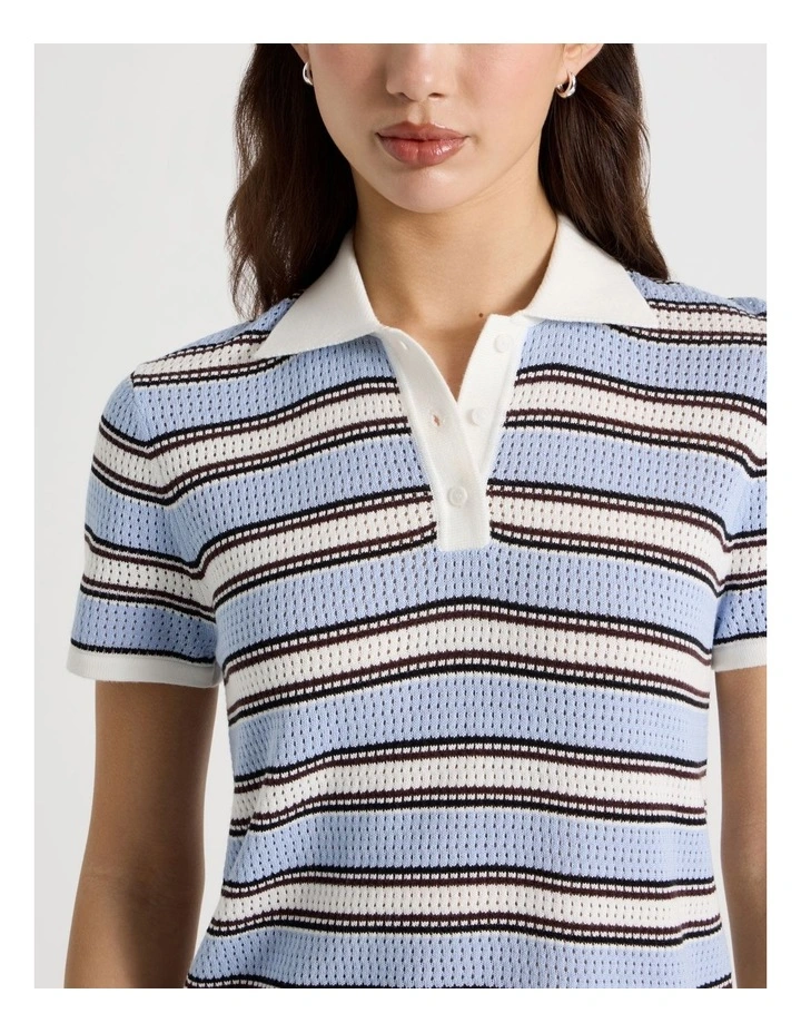 Knitted Polo in Blue Stripe image 3