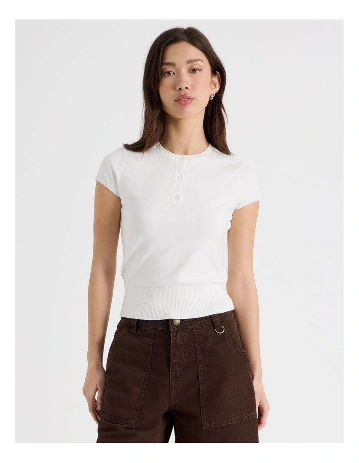 Short Sleeve Henley Knit in Snow White image 3