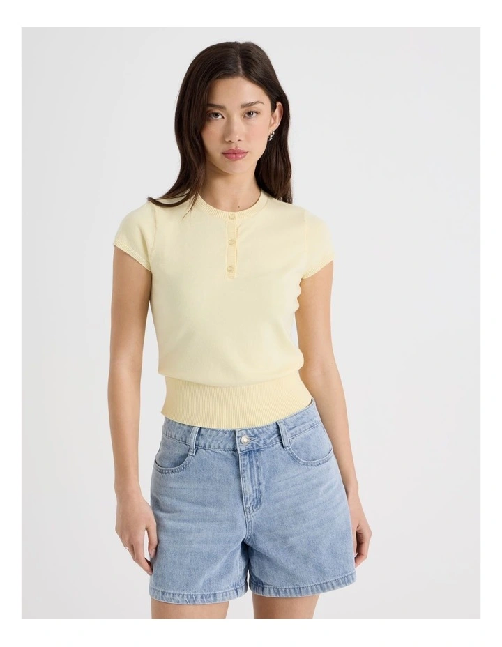Short Sleeve Henley Knit in Pale Yellow image 2