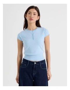 Short Sleeve Henley Knit in Sky Blue