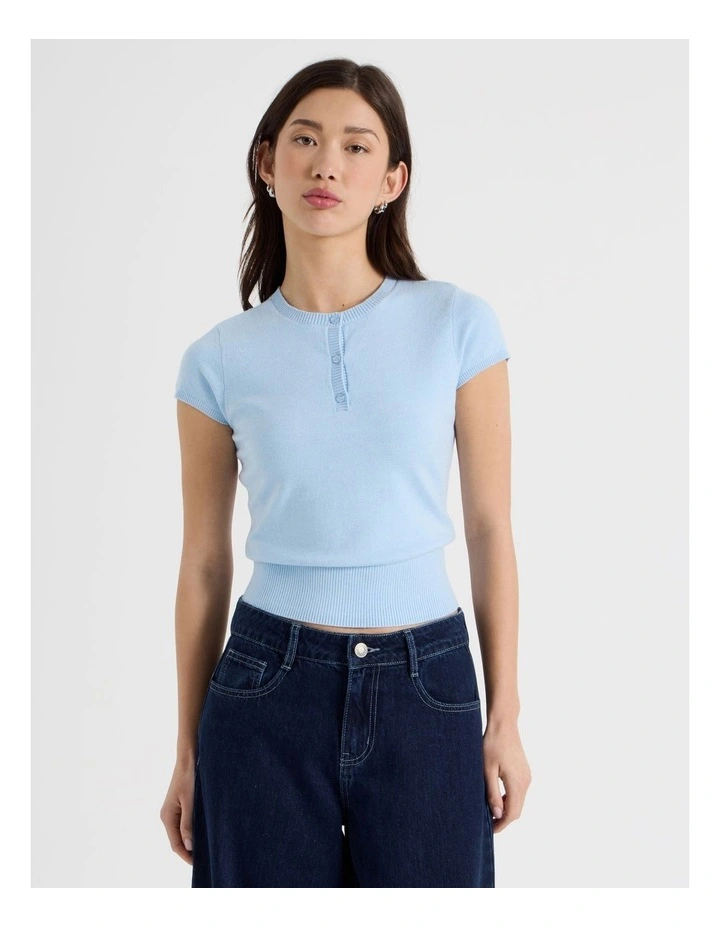 Short Sleeve Henley Knit in Sky Blue image 1