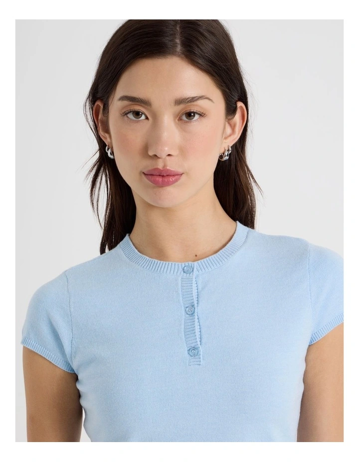 Short Sleeve Henley Knit in Sky Blue image 3