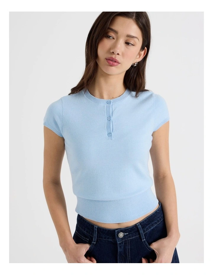 Short Sleeve Henley Knit in Sky Blue image 4