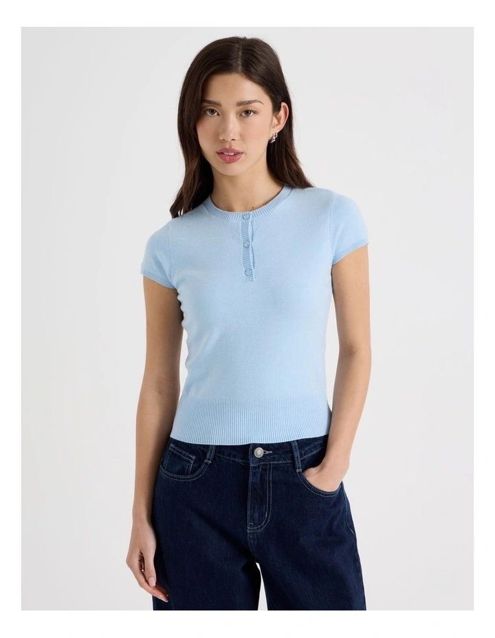 Short Sleeve Henley Knit in Sky Blue image 5