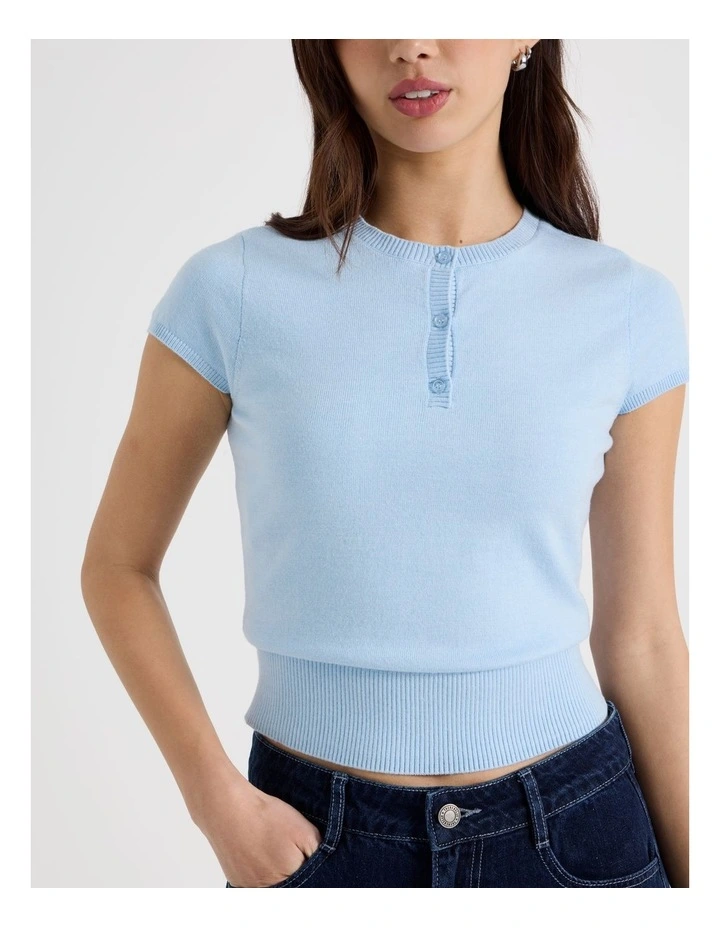 Short Sleeve Henley Knit in Sky Blue image 7