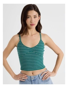 Rib Singlet Top in Green and Grey Stripe