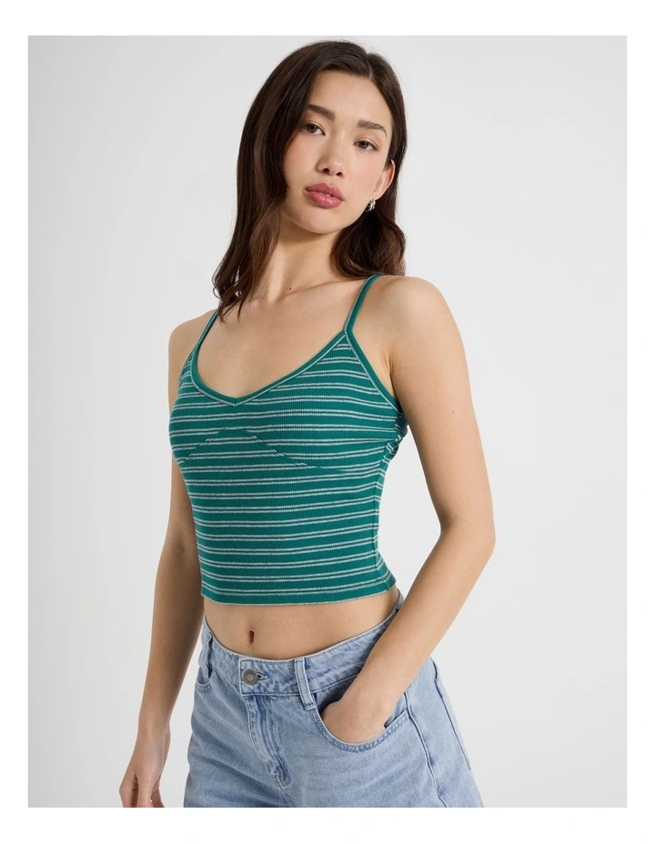 Rib Singlet Top in Green and Grey Stripe image 3