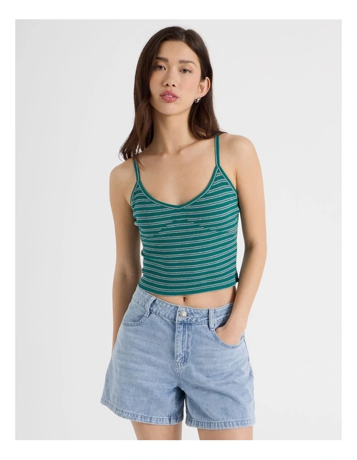 Rib Singlet Top in Green and Grey Stripe image 5