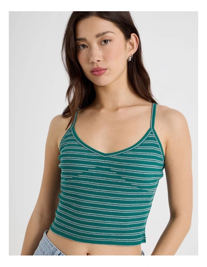 Rib Singlet Top in Green and Grey Stripe image 7