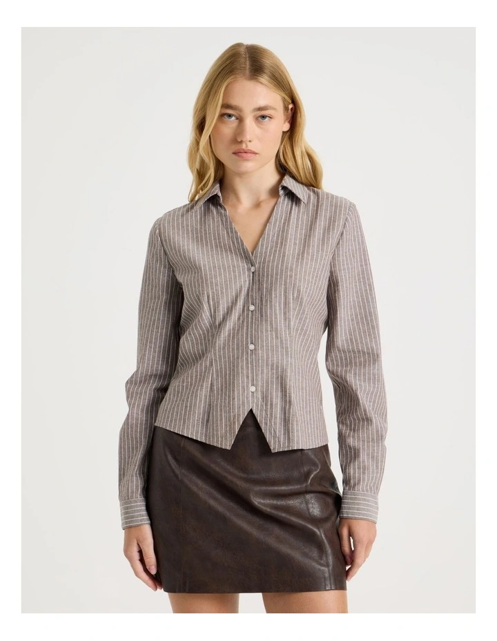 Fitted Long Sleeve Shirt in Dark Brown Stripe image 2