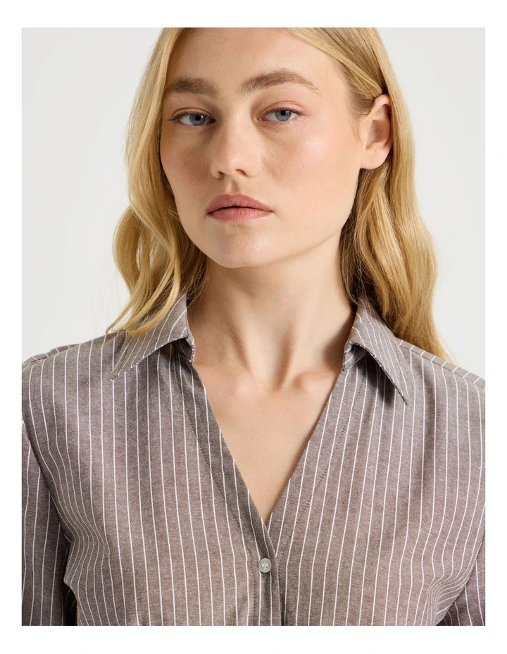 Fitted Long Sleeve Shirt in Dark Brown Stripe image 3