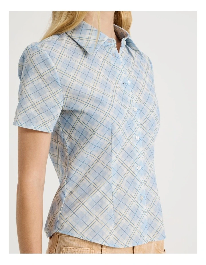 Fitted Short Sleeve Shirt in Blue Check image 4