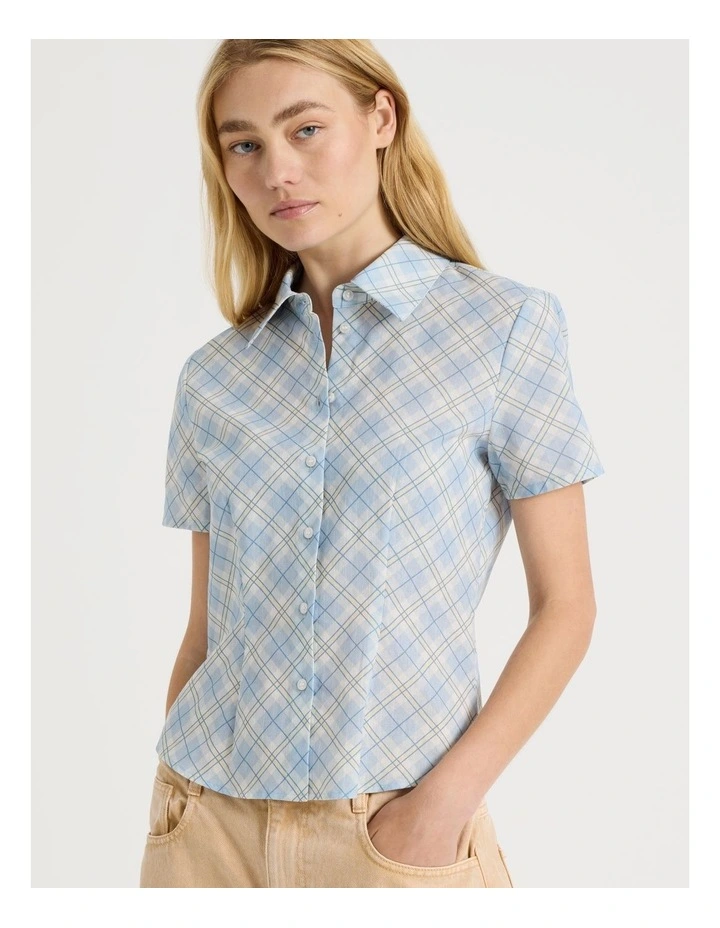 Fitted Short Sleeve Shirt in Blue Check image 5