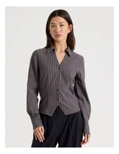 Fitted Long Sleeve Shirt in Charcoal and Snow White Pinstripe