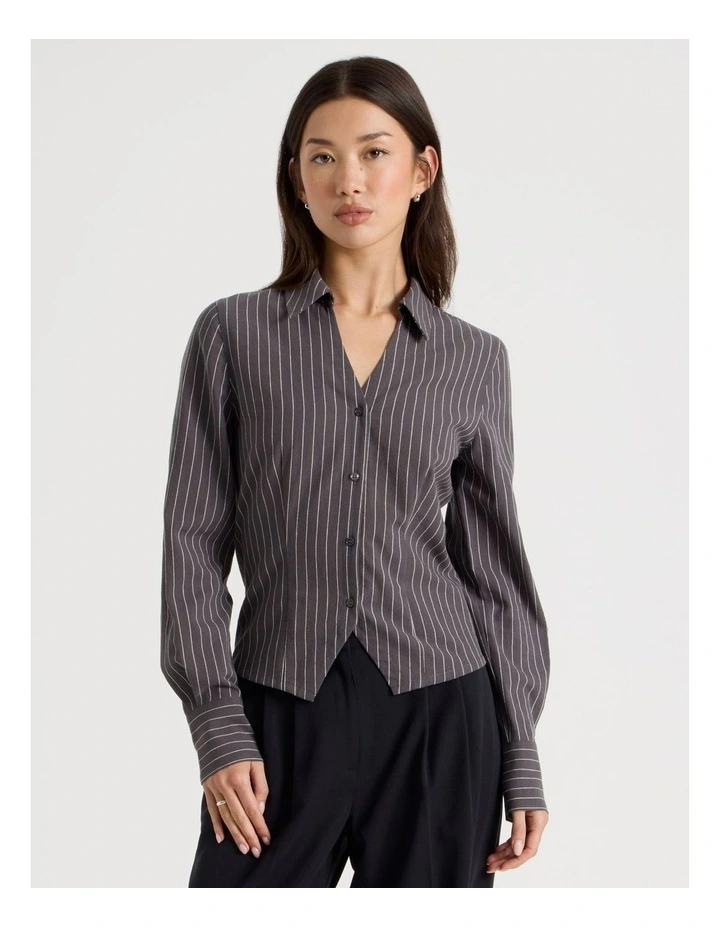 Fitted Long Sleeve Shirt in Charcoal and Snow White Pinstripe image 1