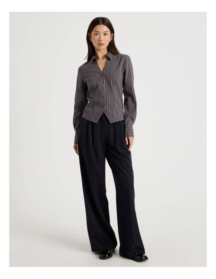 Fitted Long Sleeve Shirt in Charcoal and Snow White Pinstripe image 2