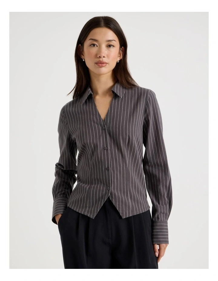 Fitted Long Sleeve Shirt in Charcoal and Snow White Pinstripe image 5