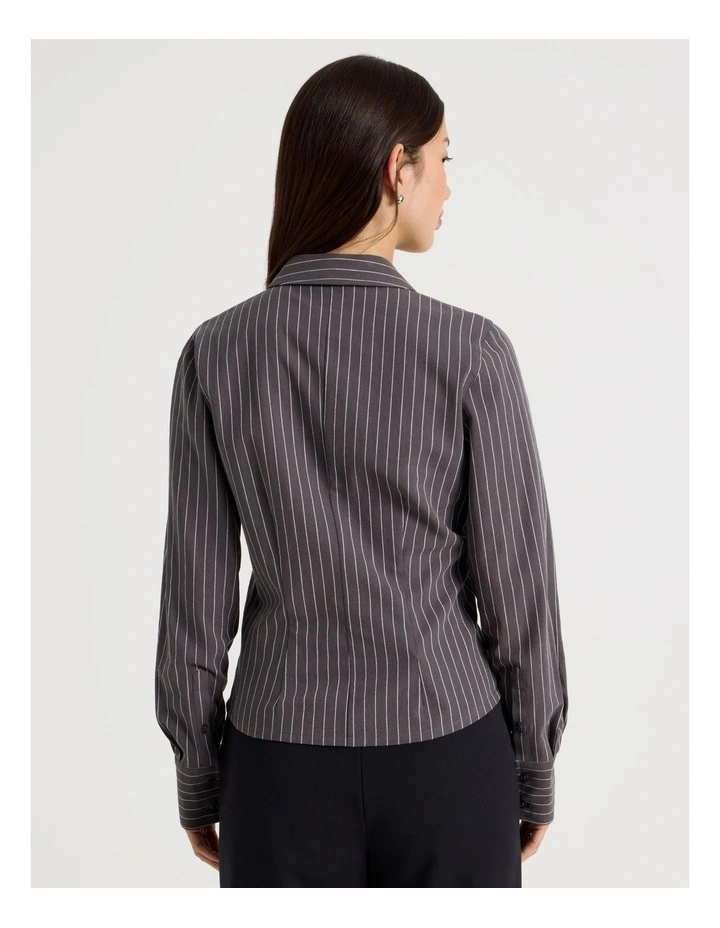 Fitted Long Sleeve Shirt in Charcoal and Snow White Pinstripe image 6