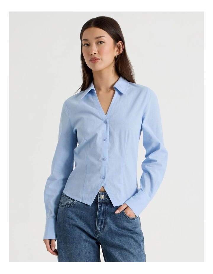 Fitted Long Sleeve Shirt in Chambray Blue image 1